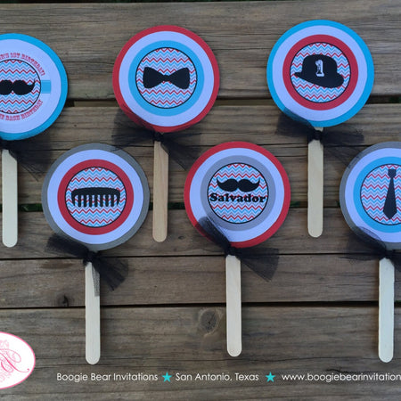 Mustache Birthday Party Cupcake Toppers Red Blue Boy Little Man Chevron Bow Tie Comb Bowler Top Hat Boogie Bear Invitations Salvador Theme