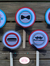 Load image into Gallery viewer, Mustache Birthday Party Cupcake Toppers Red Blue Boy Little Man Chevron Bow Tie Comb Bowler Top Hat Boogie Bear Invitations Salvador Theme