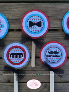 Mustache Birthday Party Cupcake Toppers Red Blue Boy Little Man Chevron Bow Tie Comb Bowler Top Hat Boogie Bear Invitations Salvador Theme