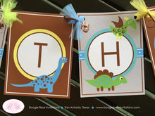 Load image into Gallery viewer, Dinosaur Happy Birthday Party Banner Little Dino Girl Boy Retro Blue Brown Yellow Green Prehistoric Roar Boogie Bear Invitations Liam Theme