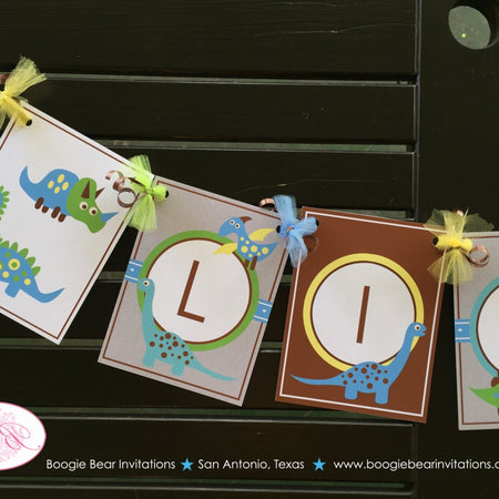Blue Dinosaur Birthday Party Banner Little Dino Girl Boy Retro Blue Brown Yellow Green Prehistoric Fossil Boogie Bear Invitations Liam Theme