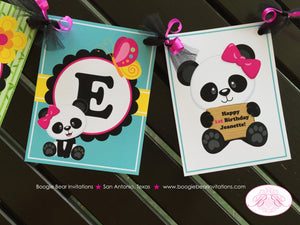 Pink Panda Bear Birthday Party Banner Name Girl Black Blue Green Tropical Wild Zoo Animals Forest Bow Boogie Bear Invitations Jeanette Theme