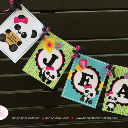 Pink Panda Bear Birthday Party Banner Name Girl Black Blue Green Tropical Wild Zoo Animals Forest Bow Boogie Bear Invitations Jeanette Theme