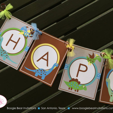 Dinosaur Happy Birthday Party Banner Little Dino Girl Boy Retro Blue Brown Yellow Green Prehistoric Roar Boogie Bear Invitations Liam Theme