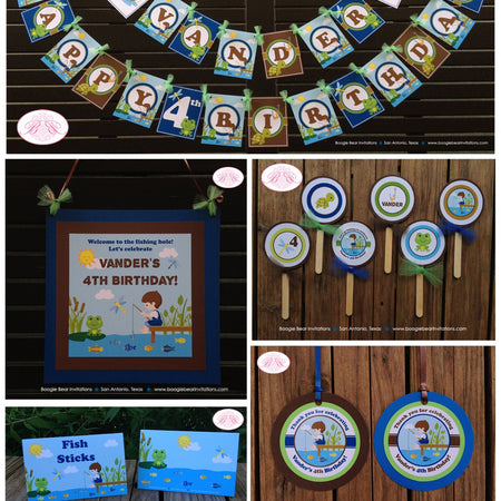 Blue Fishing Boy Birthday Party Package Hiking Turtle Swim Happy Banner Door Cupcake Toppers Favor Tag Boogie Bear Invitations Vander Theme