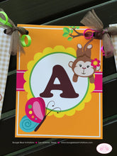 Load image into Gallery viewer, Pink Monkey Birthday Party Name Banner Amazon Tropical Rainforest Jungle Sun Leaf 1st 2nd 3rd 4th 5th Boogie Bear Invitations Katrina Theme