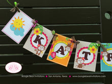 Load image into Gallery viewer, Pink Monkey Birthday Party Name Banner Amazon Tropical Rainforest Jungle Sun Leaf 1st 2nd 3rd 4th 5th Boogie Bear Invitations Katrina Theme