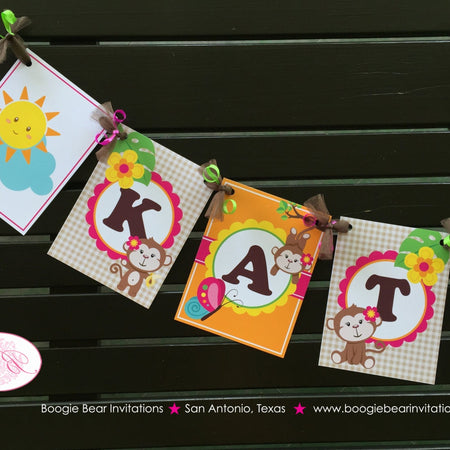 Pink Monkey Birthday Party Name Banner Amazon Tropical Rainforest Jungle Sun Leaf 1st 2nd 3rd 4th 5th Boogie Bear Invitations Katrina Theme