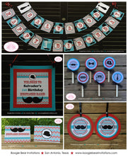 Load image into Gallery viewer, Mustashe Bash Birthday Party Package Boy Happy Door Banner Red Aqua Blue Cheveron Comb Little Man Boogie Bear Invitations Salvador Theme