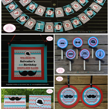 Mustashe Bash Birthday Party Package Boy Happy Door Banner Red Aqua Blue Cheveron Comb Little Man Boogie Bear Invitations Salvador Theme