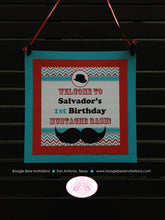 Load image into Gallery viewer, Mustashe Bash Birthday Party Package Boy Happy Door Banner Red Aqua Blue Cheveron Comb Little Man Boogie Bear Invitations Salvador Theme