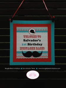 Mustashe Bash Birthday Party Package Boy Happy Door Banner Red Aqua Blue Cheveron Comb Little Man Boogie Bear Invitations Salvador Theme