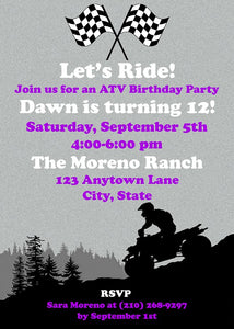 Purple ATV Birthday Party Invitation Quad All Terrain Vehicle 4 Wheeler Girl Racing Race Track Boogie Bear Invitations Dawn Theme Printed