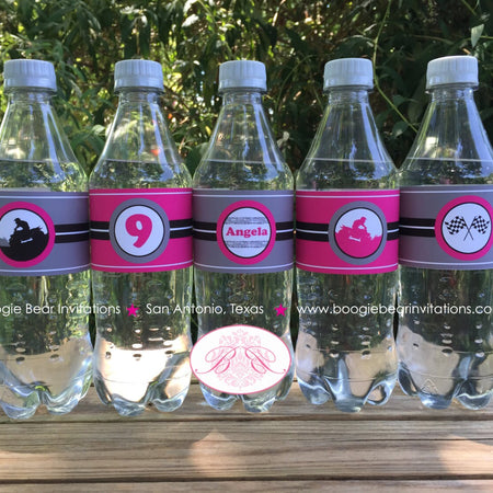 ATV Birthday Party Bottle Wraps Wrappers Cover Label Girl Pink Quad All Terrain Vehicle 4 Wheeler Race Boogie Bear Invitations Angela Theme