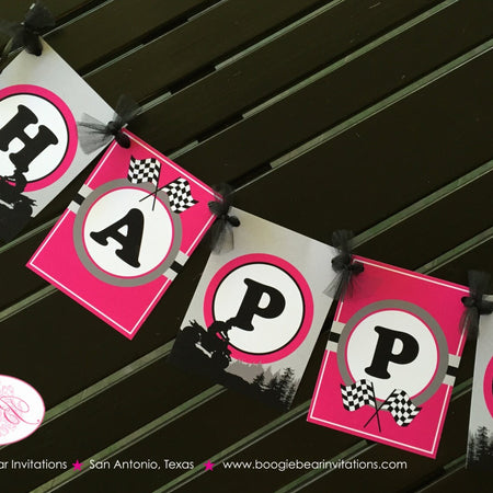 ATV Happy Birthday Party Banner Racing Teen Adult Trail Pink Black Girl 1st 6th 7th 8th 9th 10th Age Boogie Bear Invitations Angela Theme