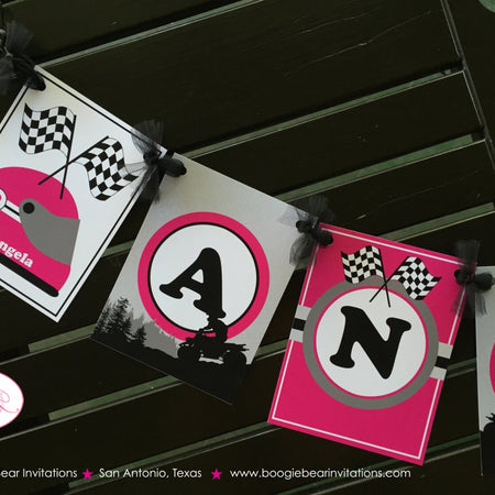 ATV 4 Wheel Birthday Party Name Banner Pink Quad All Terrain Vehicle 4 Wheeler Girl Racing Sports Track Boogie Bear Invitations Angela Theme