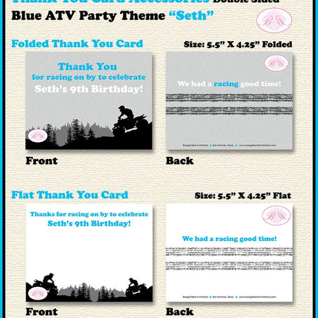 ATV Birthday Party Thank You Card Birthday Boy Girl Blue All Terrain Vehicle Quad 4 Wheeler Race Boogie Bear Invitations Seth Theme Printed
