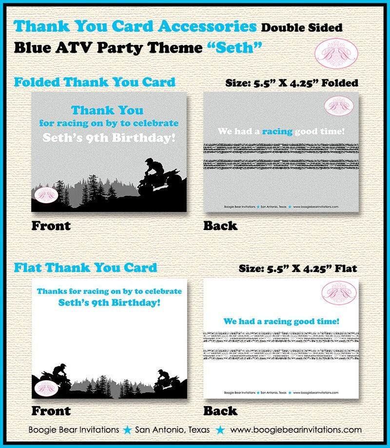 ATV Birthday Party Thank You Card Birthday Boy Girl Blue All Terrain Vehicle Quad 4 Wheeler Race Boogie Bear Invitations Seth Theme Printed