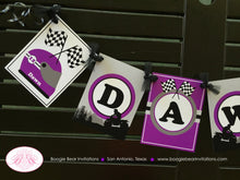 Load image into Gallery viewer, ATV 4 Wheel Birthday Party Name Banner Purple Racing Athletic Girl All Terrain Vehicle Quad 4 Wheeler Boogie Bear Invitations Dawn Theme