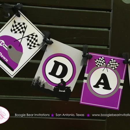 ATV 4 Wheel Birthday Party Name Banner Purple Racing Athletic Girl All Terrain Vehicle Quad 4 Wheeler Boogie Bear Invitations Dawn Theme