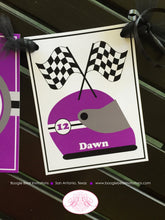 Load image into Gallery viewer, ATV 4 Wheel Birthday Party Name Banner Purple Racing Athletic Girl All Terrain Vehicle Quad 4 Wheeler Boogie Bear Invitations Dawn Theme