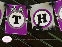 Load image into Gallery viewer, ATV Happy Birthday Party Banner Racing Purple Black Girl All Terrain Vehicle Quad 4 Wheeler Mountain Race Boogie Bear Invitations Dawn Theme