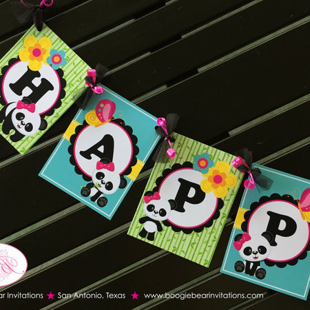 Pink Panda Bear Happy Birthday Party Banner Boy Tropical Jungle Green Black Butterfly Wild Zoo Animal Boogie Bear Invitations Jeanette Theme