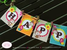 Load image into Gallery viewer, Pink Monkey Happy Birthday Party Banner Amazon Tropical Rainforest Jungle Zoo Rain Forest Garden Girl Boogie Bear Invitations Katrina Theme