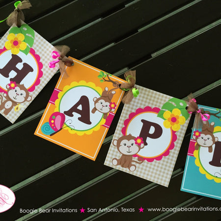 Pink Monkey Happy Birthday Party Banner Amazon Tropical Rainforest Jungle Zoo Rain Forest Garden Girl Boogie Bear Invitations Katrina Theme