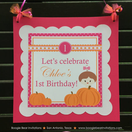 Pink Pumpkin Party Door Banner Birthday Fall Polka Dot Bow Girl Orange Harvest Picking Farm Barn Country Boogie Bear Invitations Chloe Theme