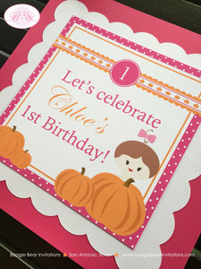 Pink Pumpkin Party Door Banner Birthday Fall Polka Dot Bow Girl Orange Harvest Picking Farm Barn Country Boogie Bear Invitations Chloe Theme