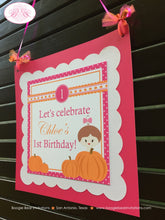 Load image into Gallery viewer, Pink Pumpkin Party Door Banner Birthday Fall Polka Dot Bow Girl Orange Harvest Picking Farm Barn Country Boogie Bear Invitations Chloe Theme