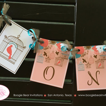 Garden Birds ONE Highchair Banner Birthday Party I am 1 Garden Flowers Girl Elegant Birdcage Trees 1st Boogie Bear Invitations Coralee Theme