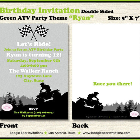 Green ATV Birthday Party Invitation Lime Quad All Terrain Vehicle 4 Wheeler Racing Track Boy Girl Boogie Bear Invitations Ryan Theme Printed