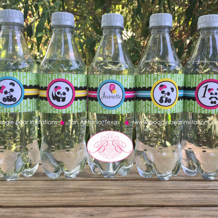 Panda Bear Birthday Party Bottle Wraps Wrappers Cover Label Girl Pink Green Blue Butterfly Flower Zoo Boogie Bear Invitations Jeanette Theme