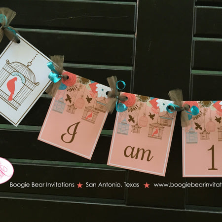 Garden Birds I am 1 Highchair Banner Birthday Party ONE Garden Flowers Girl Birdcage Trees 1st 2nd 3rd Boogie Bear Invitations Coralee Theme