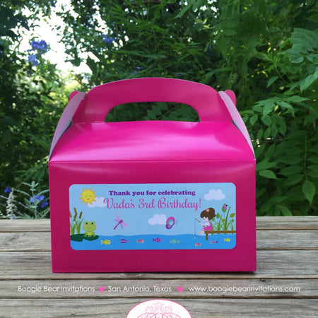 Fishing Girl Birthday Party Treat Boxes Favor Tags Bag Pink Dock Lake River Pole Frog Fish Swim Swimming Boogie Bear Invitations Vada Theme