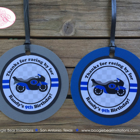 Blue Motorcycle Party Favor Tags Birthday Race Black Grey Gray Royal Enduro Motocross Motorcycle Racing Boogie Bear Invitations Randy Theme