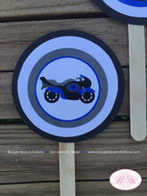 Load image into Gallery viewer, Blue Motorcycle Party Cupcake Toppers Birthday Boy Girl Grey Black Enduro Motocross Race Track Racing Boogie Bear Invitations Randy Theme