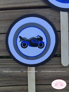 Blue Motorcycle Party Cupcake Toppers Birthday Boy Girl Grey Black Enduro Motocross Race Track Racing Boogie Bear Invitations Randy Theme