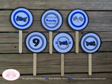 Load image into Gallery viewer, Blue Motorcycle Party Cupcake Toppers Birthday Boy Girl Grey Black Enduro Motocross Race Track Racing Boogie Bear Invitations Randy Theme