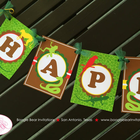 Rainforest Happy Birthday Party Banner Reptile Snake Gecko Amazon Rain Forest Wild Jungle Zoo Girl Boy Boogie Bear Invitations Mowgli Theme