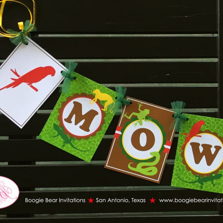 Rainforest Birthday Party Name Banner Reptile Snake Gecko Tropical Amazon Jungle Rain Forest Boy Girl Boogie Bear Invitations Mowgli Theme