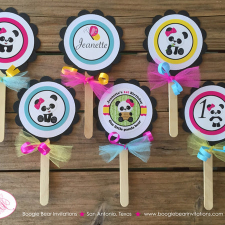 Pink Panda Bear Birthday Party Cupcake Toppers Yellow Green Blue Wild Jungle Zoo Leaves Bamboo Plant Boogie Bear Invitations Jeanette Theme