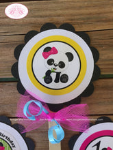 Load image into Gallery viewer, Pink Panda Bear Birthday Party Cupcake Toppers Yellow Green Blue Wild Jungle Zoo Leaves Bamboo Plant Boogie Bear Invitations Jeanette Theme