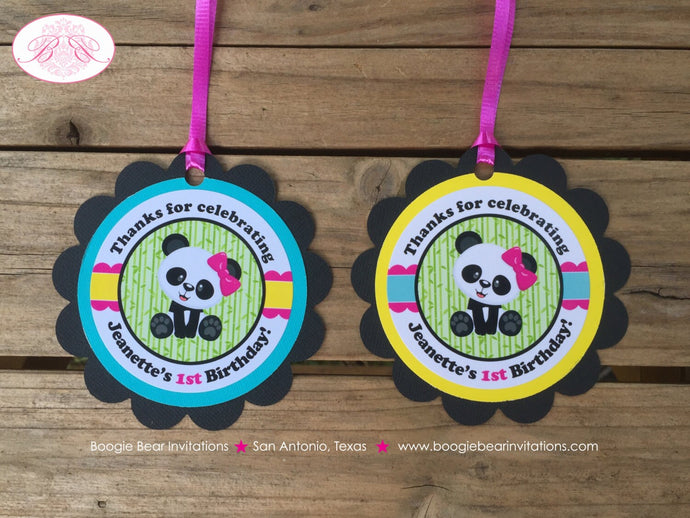 Panda Bear Birthday Party Favor Tags Pink Forest Yellow Green Blue Girl Wild Zoo Paw Butterfly Flower Boogie Bear Invitations Jeanette Theme