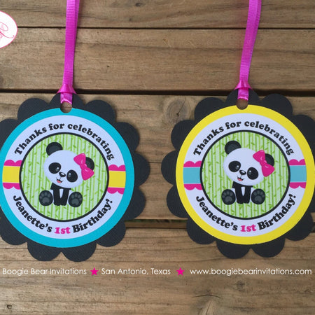 Panda Bear Birthday Party Favor Tags Pink Forest Yellow Green Blue Girl Wild Zoo Paw Butterfly Flower Boogie Bear Invitations Jeanette Theme