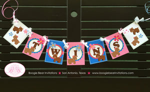 Twin Bear Baby Shower Party Banner Dot Girl Boy Birthday Cute Pink Blue Green Brown Double 1st 2nd Boogie Bear Invitations Patricia Theme