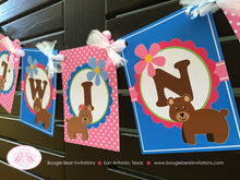 Load image into Gallery viewer, Twin Bear Baby Shower Party Banner Dot Girl Boy Birthday Cute Pink Blue Green Brown Double 1st 2nd Boogie Bear Invitations Patricia Theme