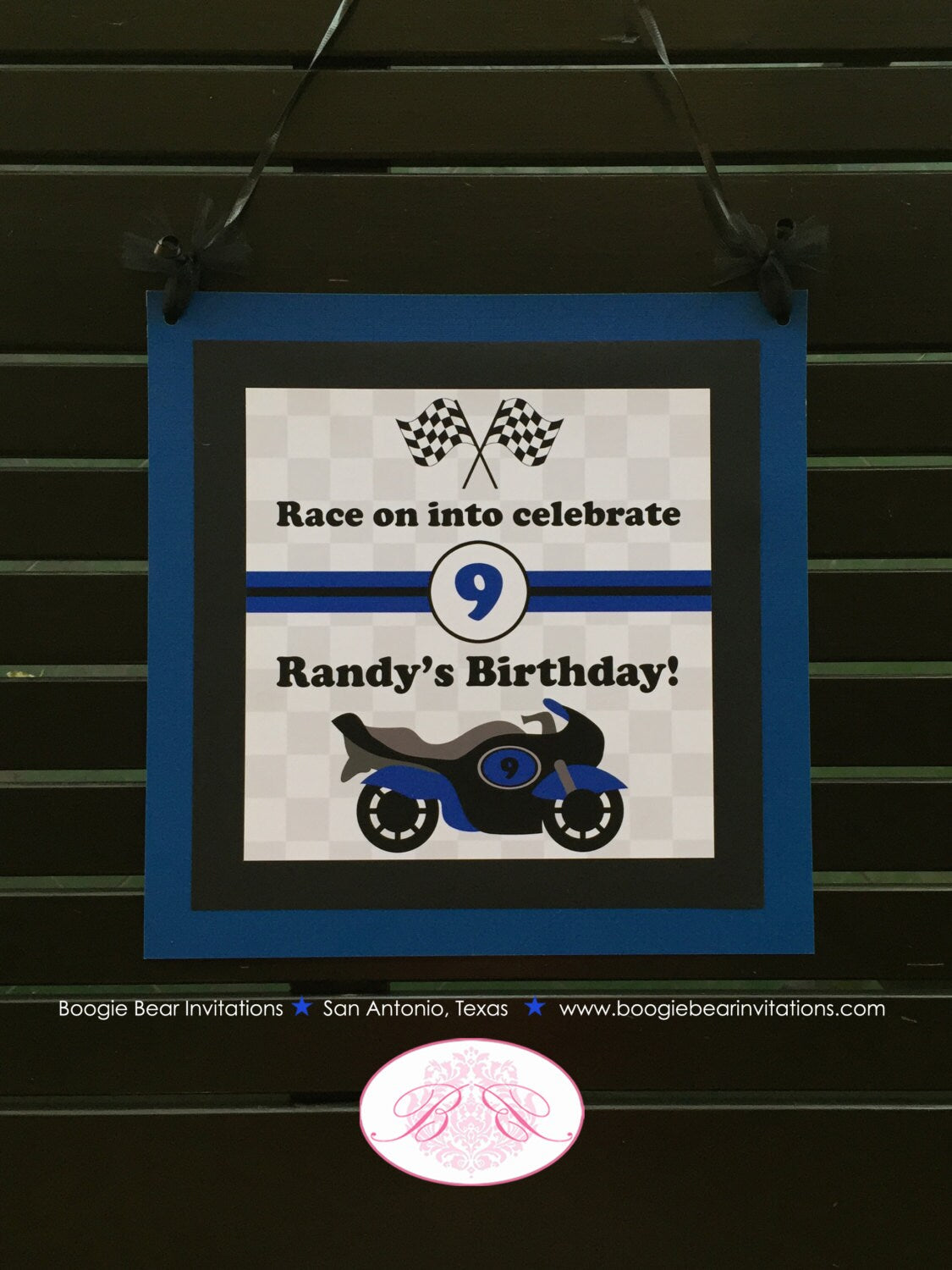 Motorcycle Birthday Party Door Banner Driver Blue Boy Girl Checkered Flag Black Enduro Street Bike Race Boogie Bear Invitations Randy Theme